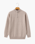 Men's Narrow-Cable Half-Zip Jumper with Low Collar - Beige