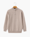 Men's Narrow-Cable Half-Zip Jumper with Low Collar - Beige