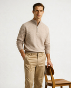 Men's Narrow-Cable Half-Zip Jumper with Low Collar - Beige