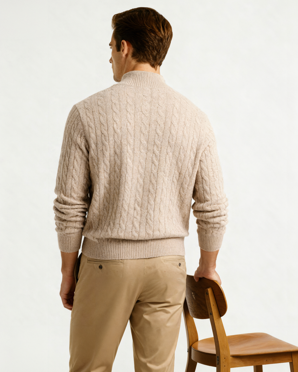 Men's Narrow-Cable Half-Zip Jumper with Low Collar - Beige