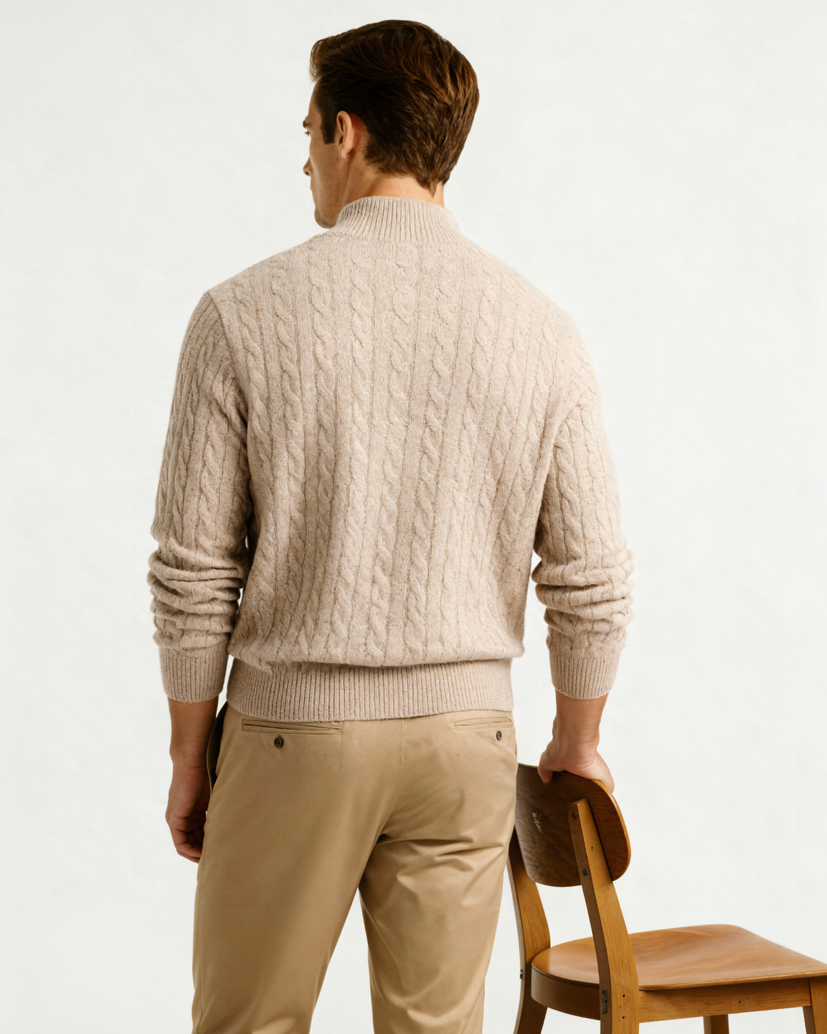 Men's Narrow-Cable Half-Zip Jumper with Low Collar - Beige