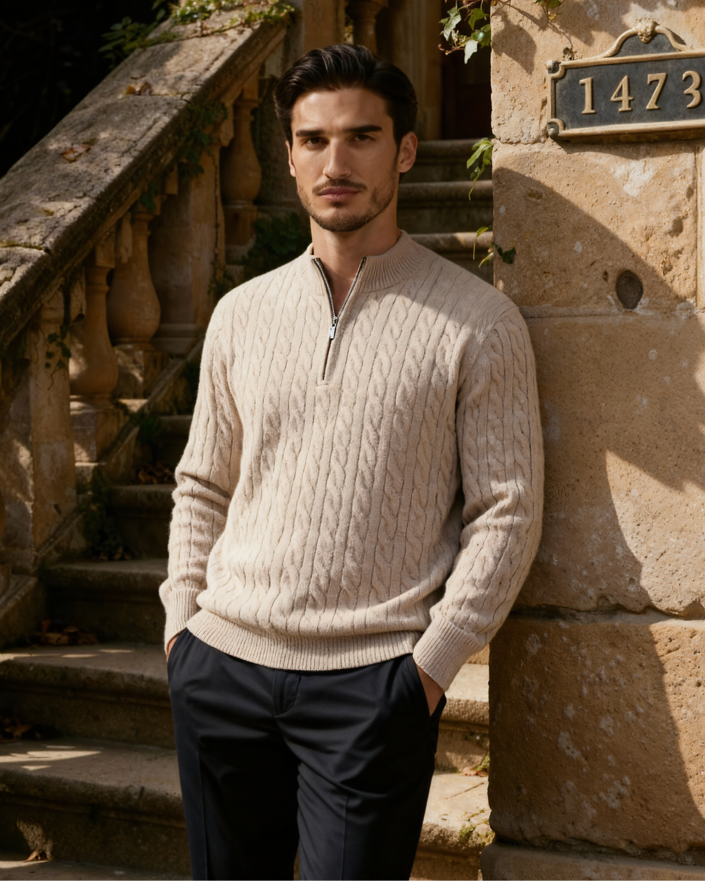Men's Narrow-Cable Half-Zip Jumper with Low Collar - Beige