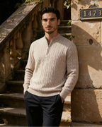Men's Narrow-Cable Half-Zip Jumper with Low Collar - Beige