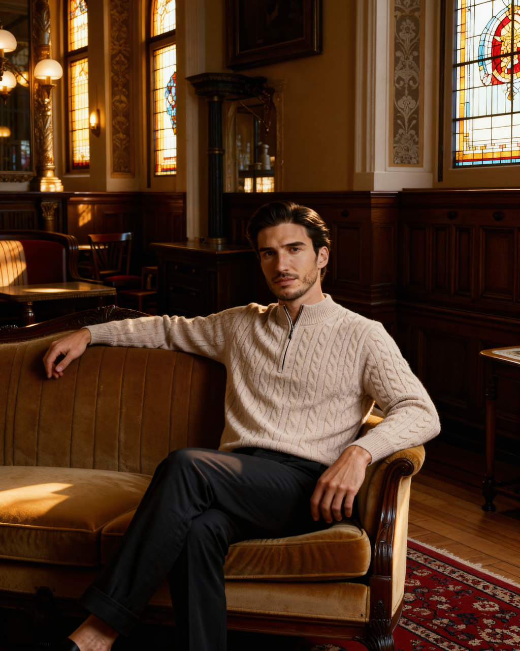 Men's Narrow-Cable Half-Zip Jumper with Low Collar - Beige