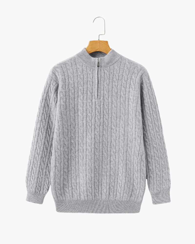 Men's Narrow-Cable Half-Zip Jumper with Low Collar - Grey