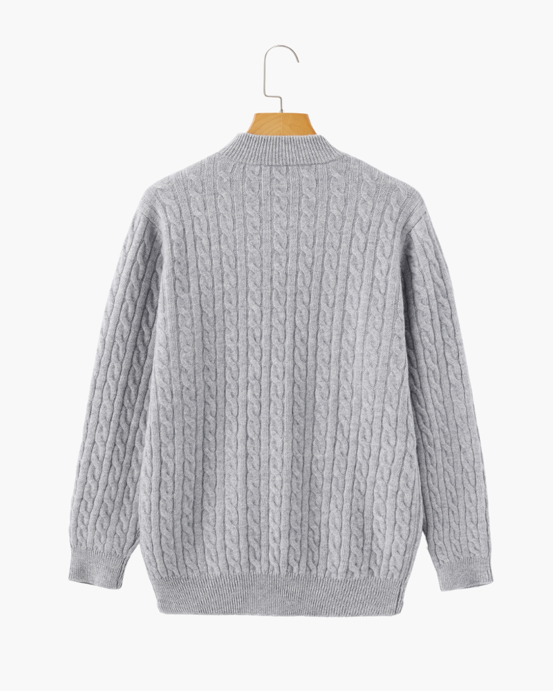 Men's Narrow-Cable Half-Zip Jumper with Low Collar - Grey