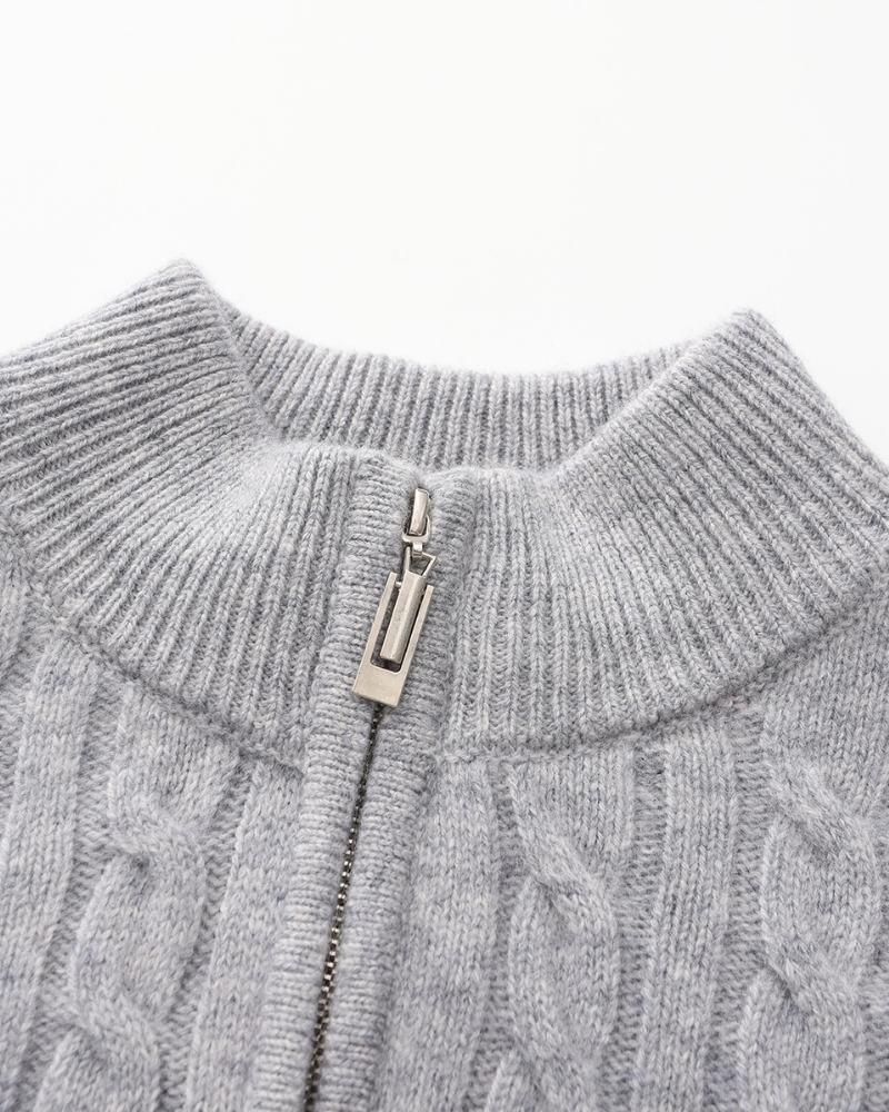 Men's Narrow-Cable Half-Zip Jumper with Low Collar - Grey