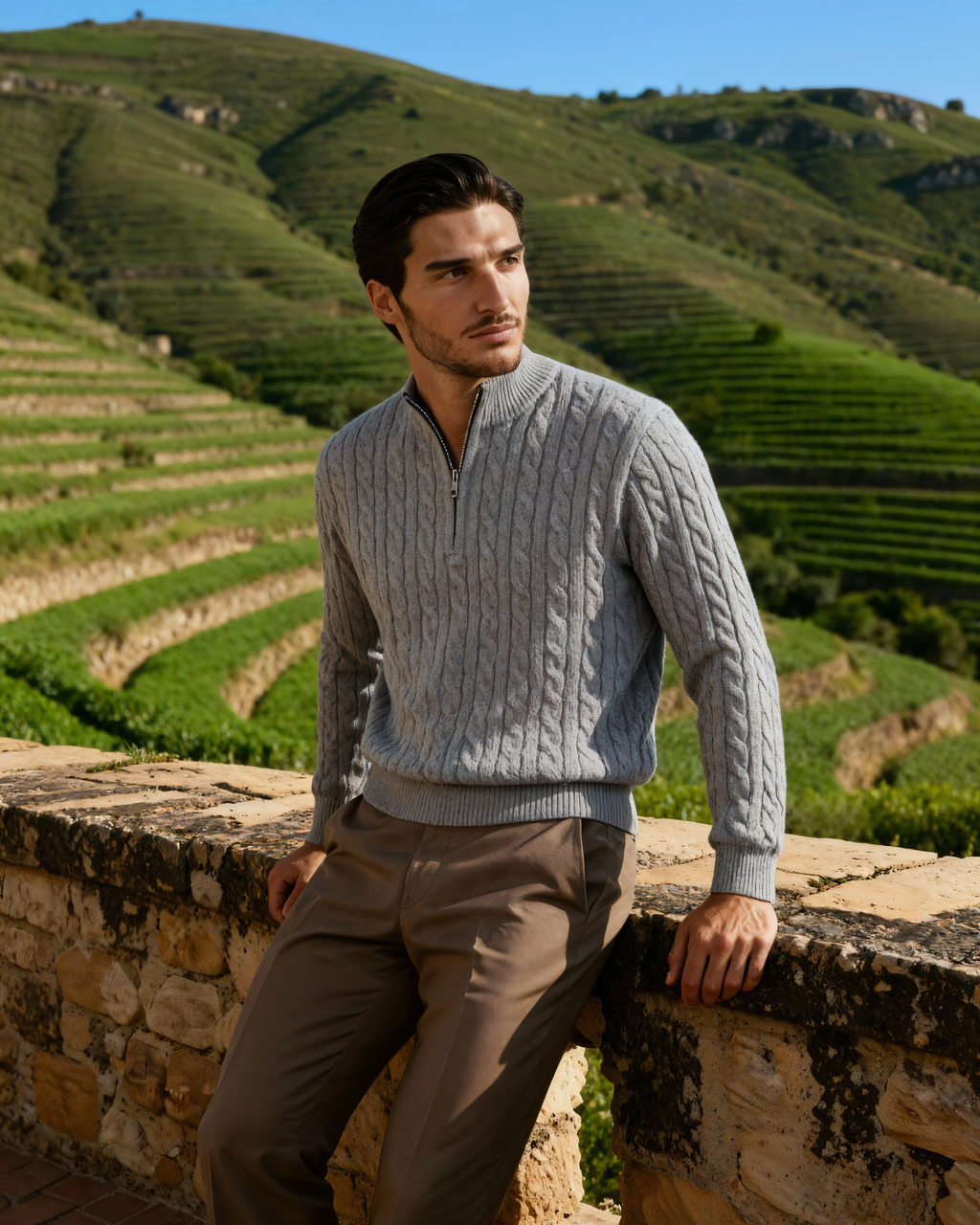 Men's Narrow-Cable Half-Zip Jumper with Low Collar - Grey