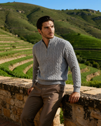 Men's Narrow-Cable Half-Zip Jumper with Low Collar - Grey
