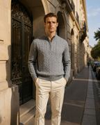 Men's Narrow-Cable Half-Zip Jumper with Low Collar - Grey