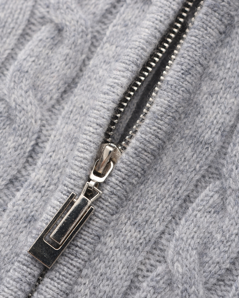 Men's Narrow-Cable Half-Zip Jumper with Low Collar - Grey