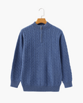 Men's Narrow-Cable Half-Zip Jumper with Low Collar - Blue