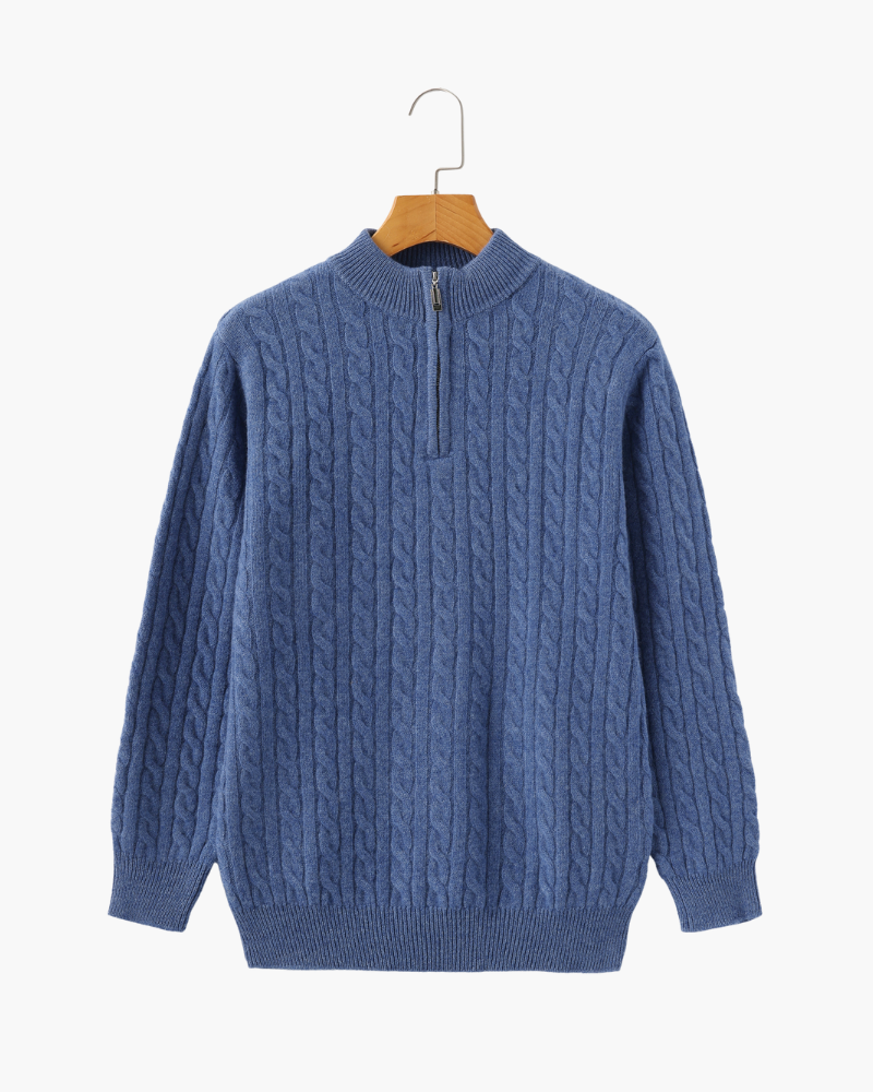 Men's Narrow-Cable Half-Zip Jumper with Low Collar - Blue