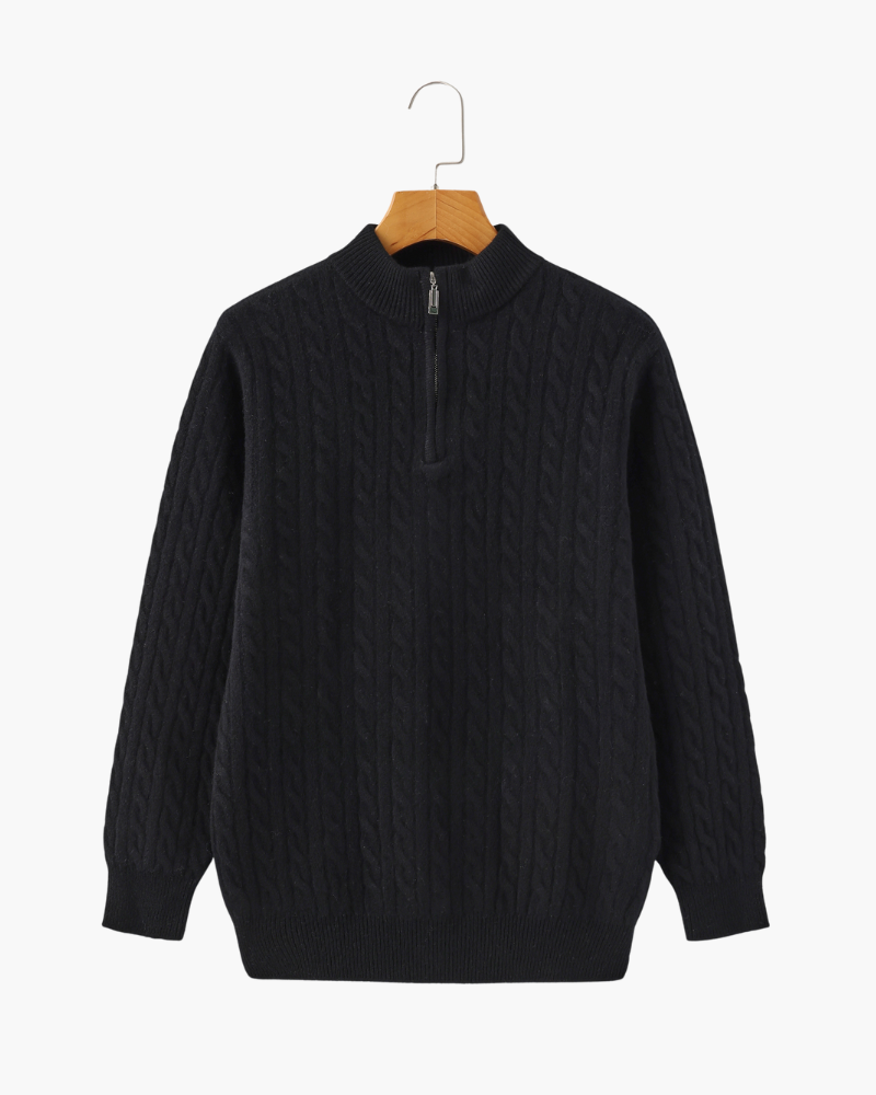 Men's Narrow-Cable Half-Zip Jumper with Low Collar - Black