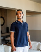 Men's Open-Neck Polo with Fine Contrast Piping - Navy