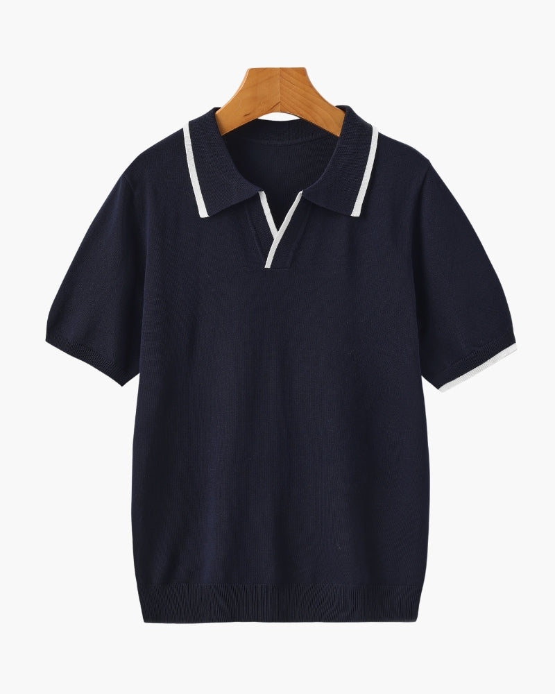 Men's Open-Neck Polo with Fine Contrast Piping - Navy