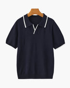 Men's Open-Neck Polo with Fine Contrast Piping - Navy