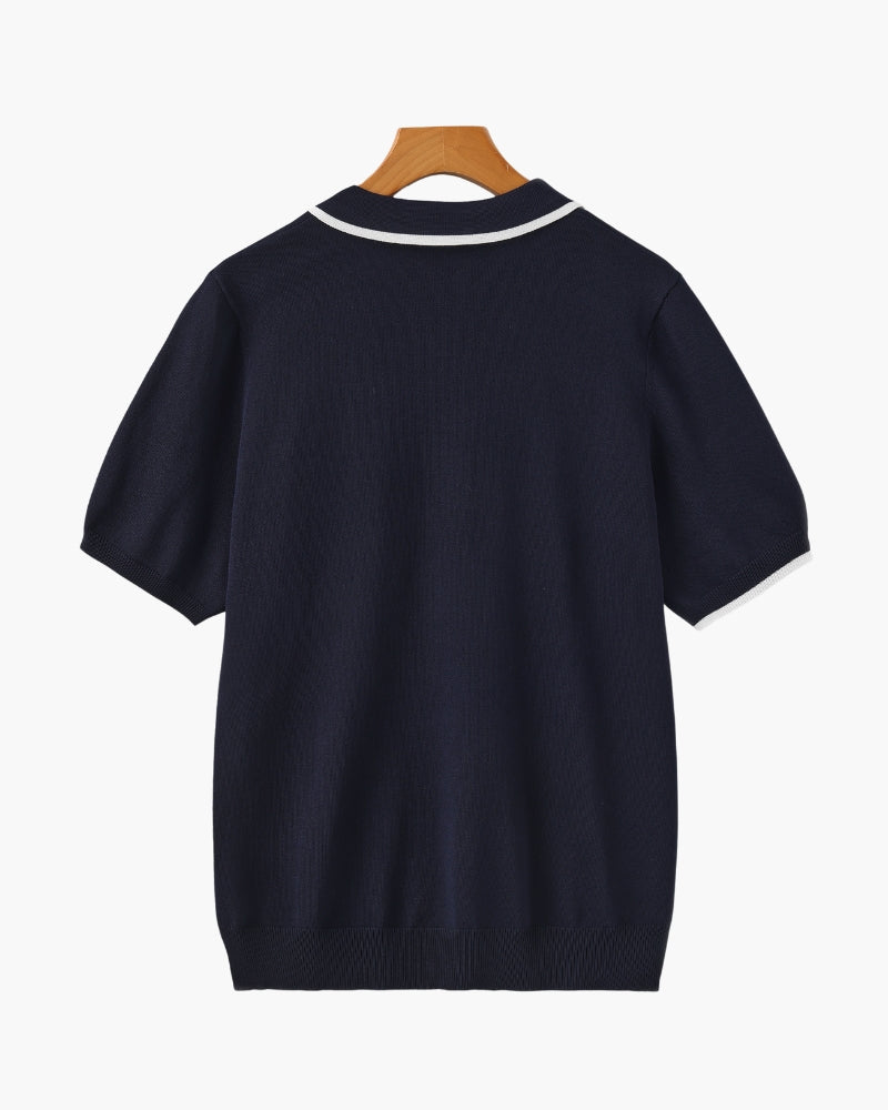 Men's Open-Neck Polo with Fine Contrast Piping - Navy