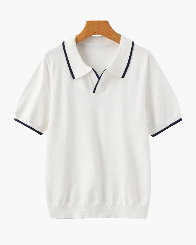 Men's Open-Neck Polo with Fine Contrast Piping - White