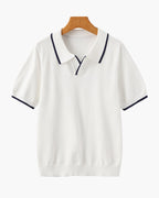 Men's Open-Neck Polo with Fine Contrast Piping - White