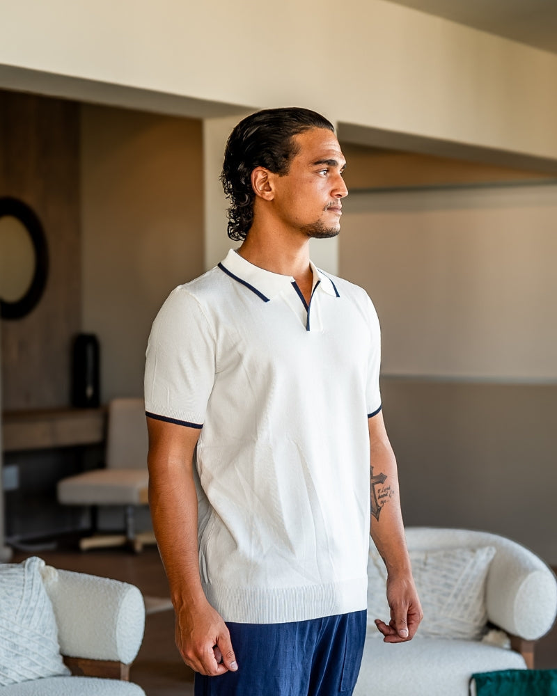 Men's Open-Neck Polo with Fine Contrast Piping - White