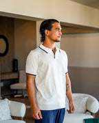 Men's Open-Neck Polo with Fine Contrast Piping - White