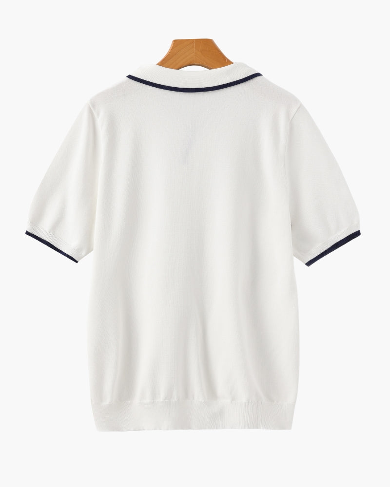 Men's Open-Neck Polo with Fine Contrast Piping - White