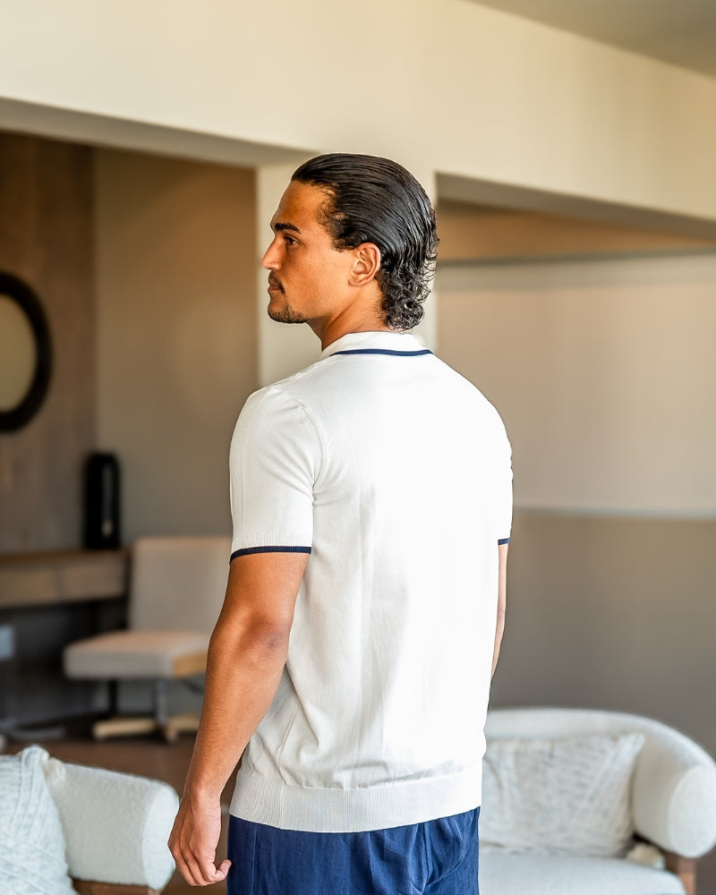Men's Open-Neck Polo with Fine Contrast Piping - White