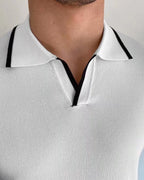 Men's Open-Neck Polo with Fine Contrast Piping - White