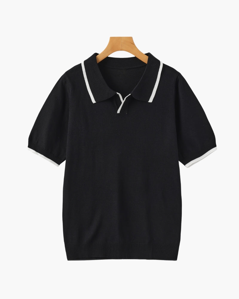 Men's Open-Neck Polo with Fine Contrast Piping - Black