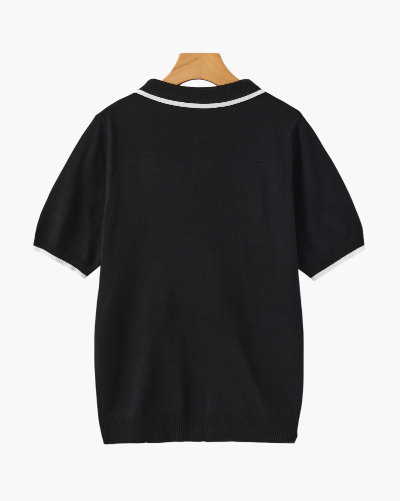 Men's Open-Neck Polo with Fine Contrast Piping - Black