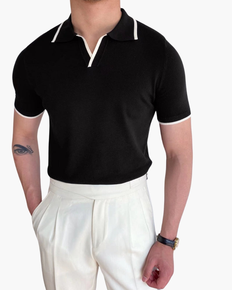 Men's Open-Neck Polo with Fine Contrast Piping - Black