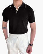 Men's Open-Neck Polo with Fine Contrast Piping - Black
