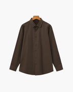 Men's Plain Button-Through Shirt with Pointed Collar - Dark Brown