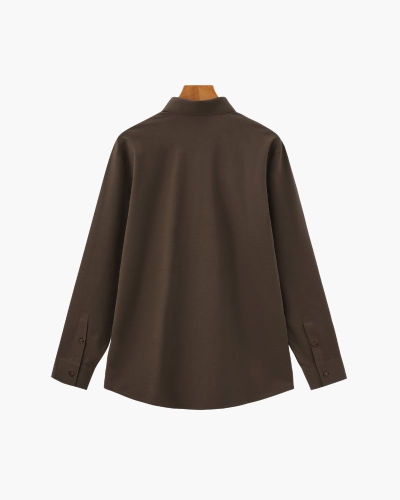 Men's Plain Button-Through Shirt with Pointed Collar - Dark Brown