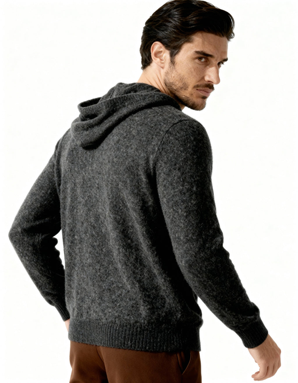 Men's Plain Drawstring Hoodie with Ribbed Edges - Dark Grey