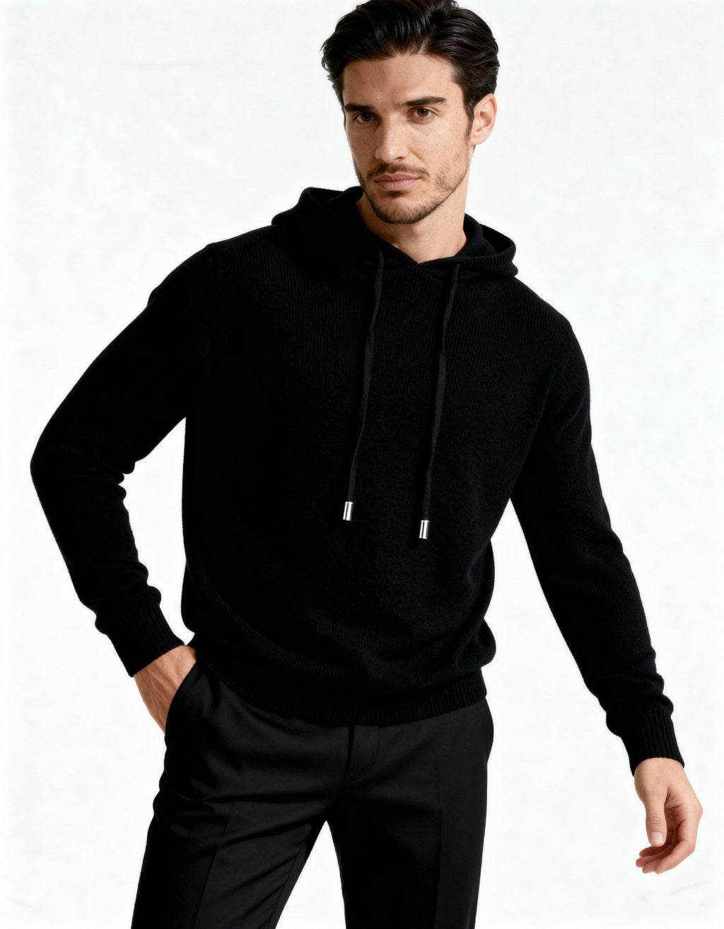 Men's Plain Drawstring Hoodie with Ribbed Edges - Black