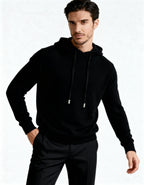 Men's Plain Drawstring Hoodie with Ribbed Edges - Black