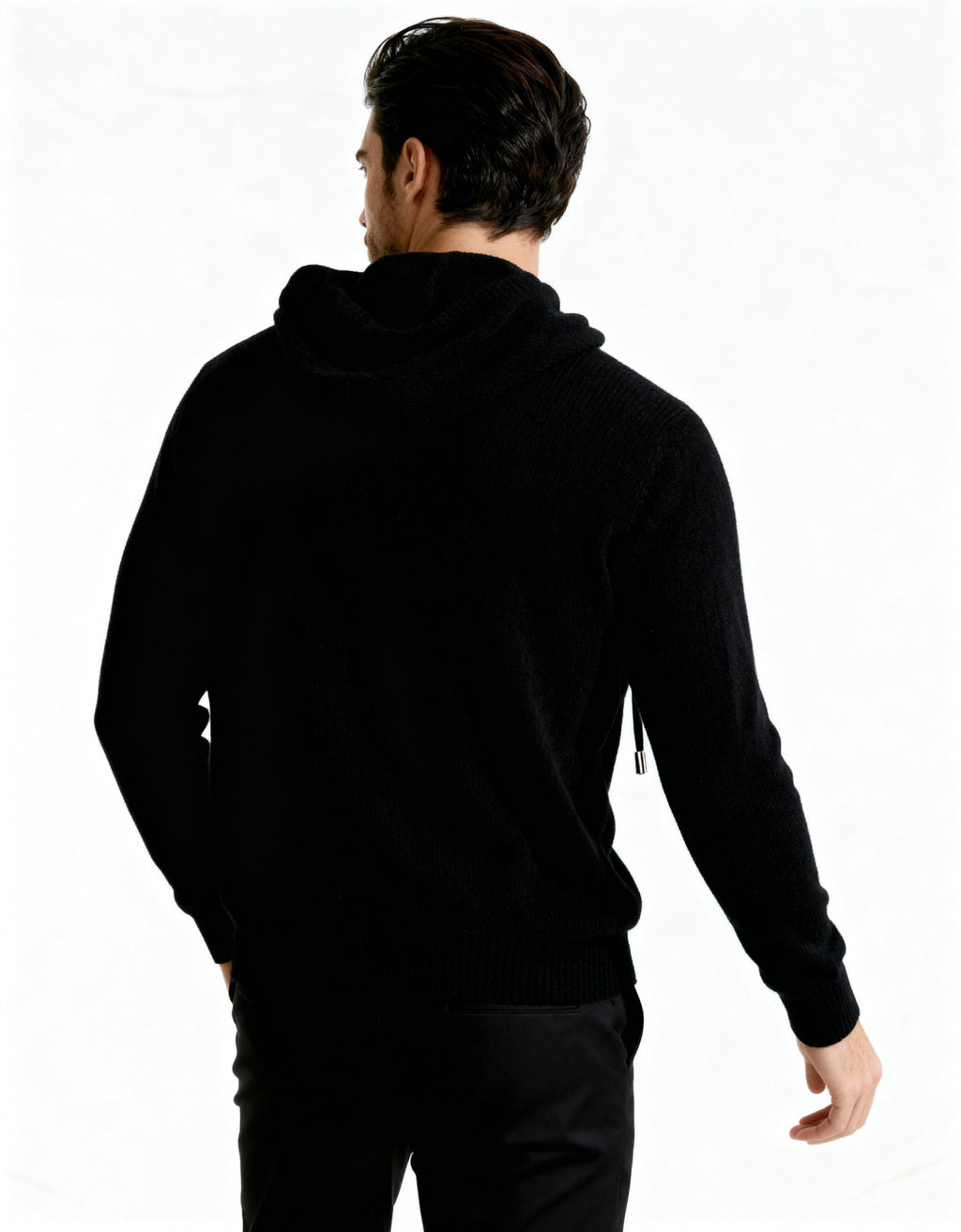 Men's Plain Drawstring Hoodie with Ribbed Edges - Black
