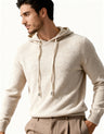 Men's Plain Drawstring Hoodie with Ribbed Edges - Beige
