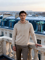 Men's Plain Drawstring Hoodie with Ribbed Edges - Beige
