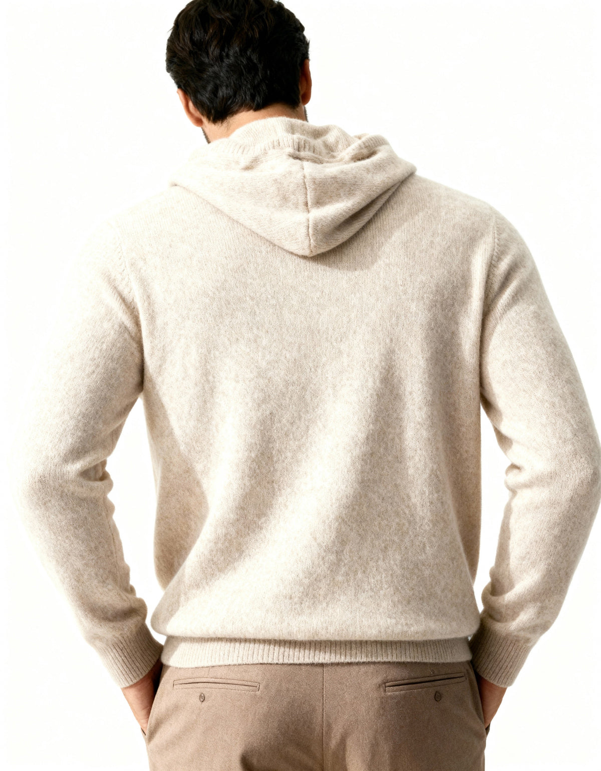 Men's Plain Drawstring Hoodie with Ribbed Edges - Beige