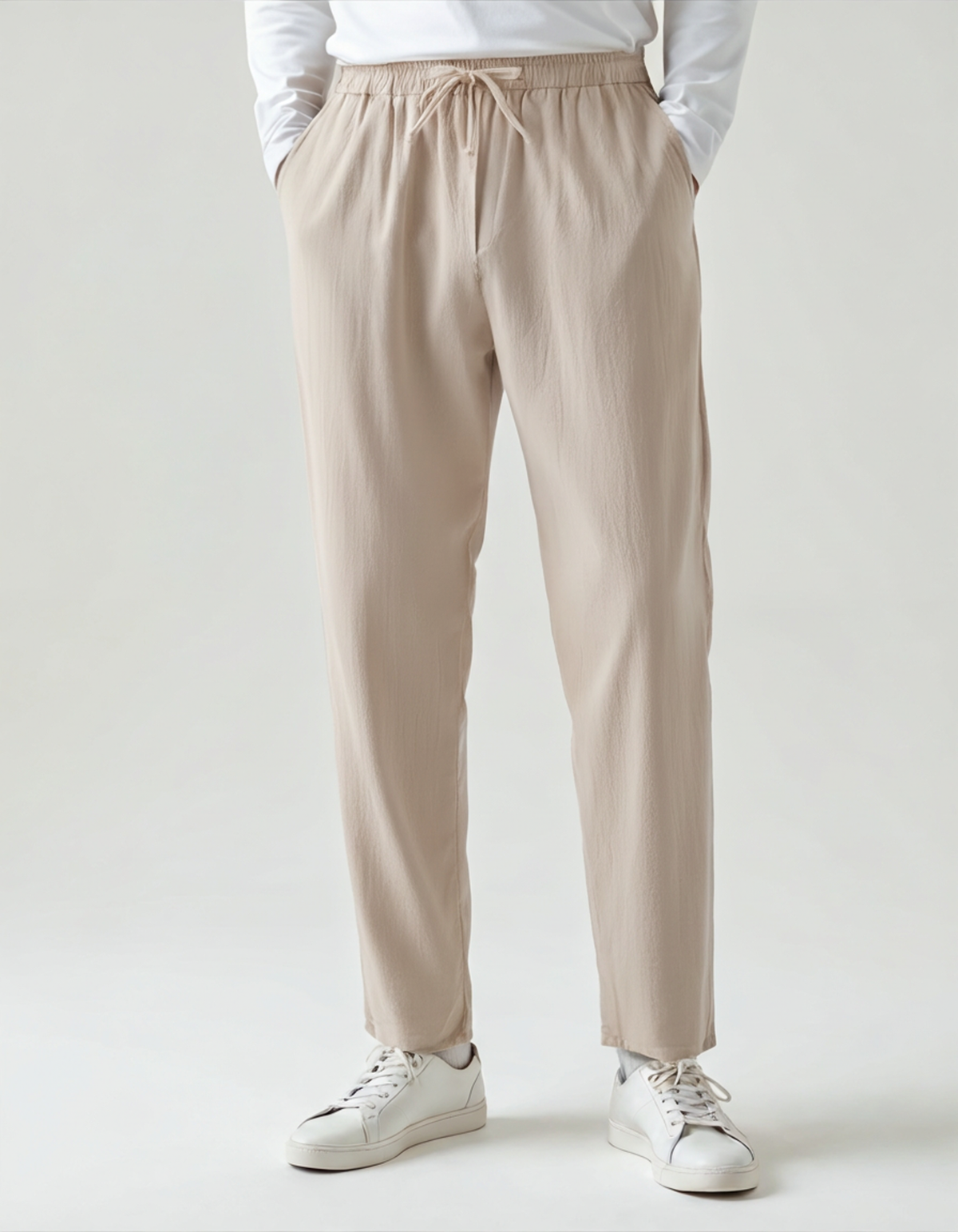 Men's Plain Drawstring Trousers with Open Ankle Hems - Beige