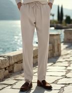 Men's Plain Drawstring Trousers with Open Ankle Hems - Beige
