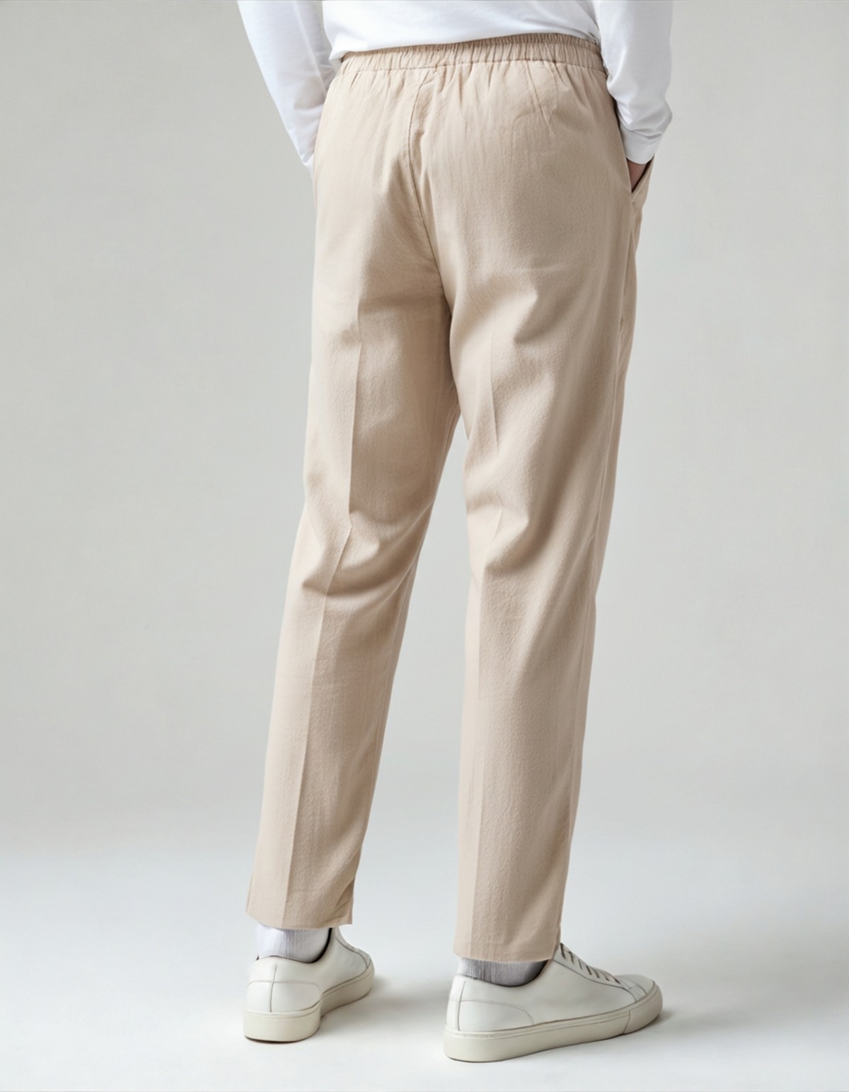 Men's Plain Drawstring Trousers with Open Ankle Hems - Beige