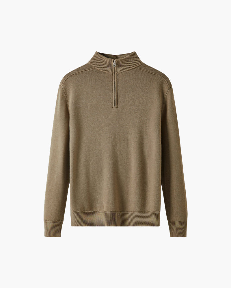 Men's Plain Half-Zip Jumper with a Standing Collar - Beige