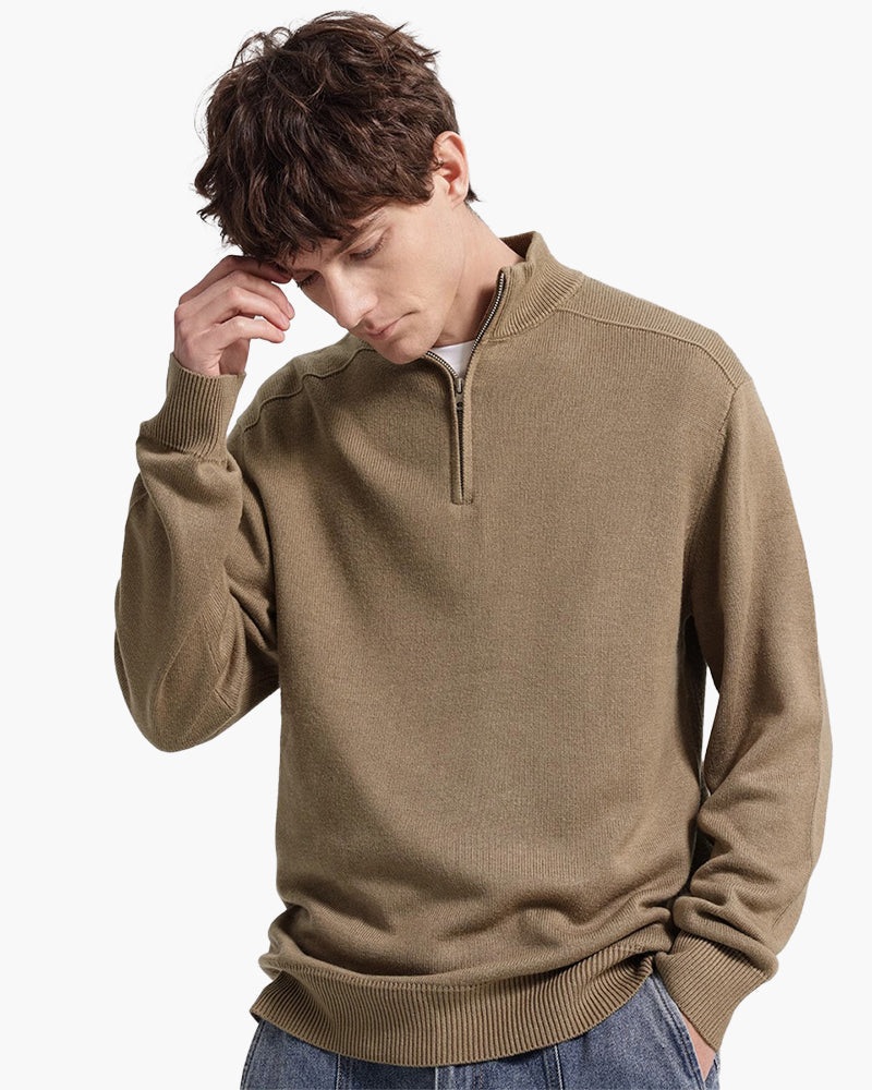 Men's Plain Half-Zip Jumper with a Standing Collar - Beige
