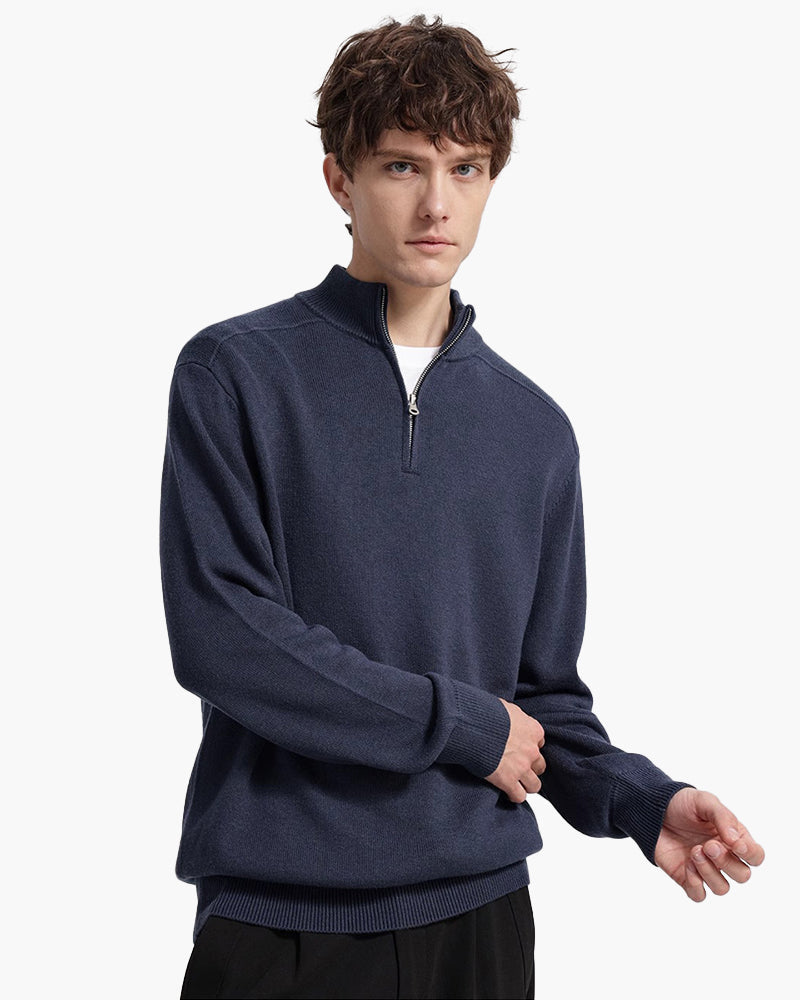 Men's Plain Half-Zip Jumper with a Standing Collar - Navy