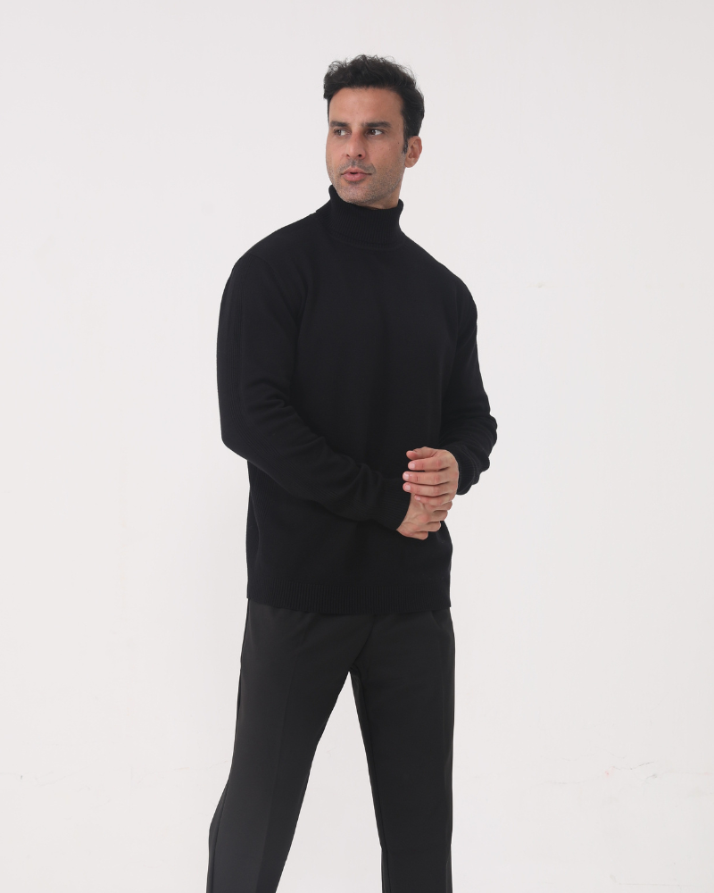 Men's Plain Roll-Neck Jumper with Long Banded Sleeves - Black