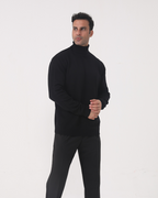 Men's Plain Roll-Neck Jumper with Long Banded Sleeves - Black